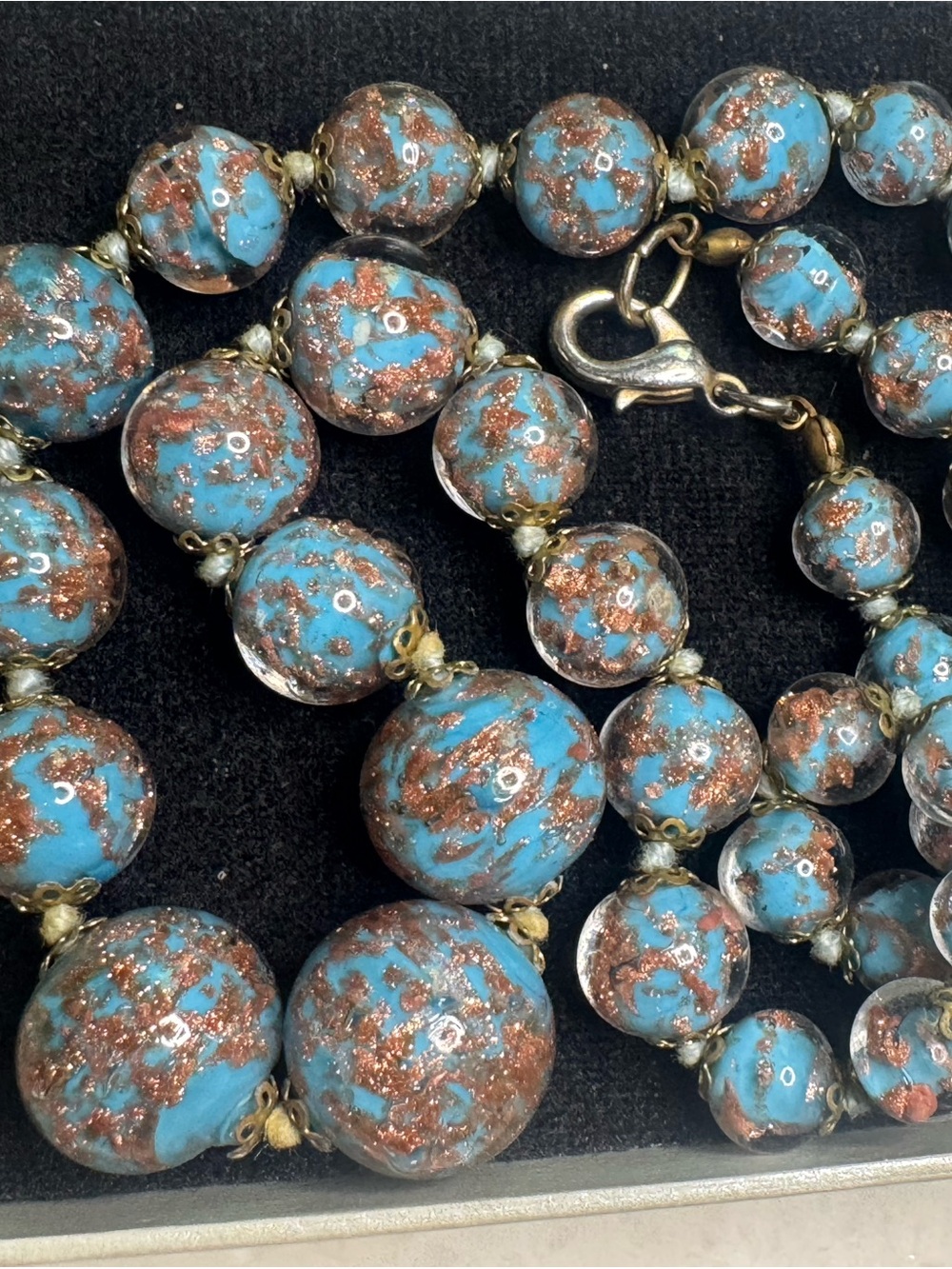 Vintage Copper Foiled Blue Beaded Necklace Hand Knotted